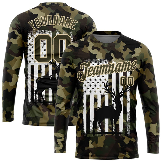 Custom Camo Olive-White 3D Animal Deer Hunting American Flag Long Sleeve Performance T-Shirt - Main View