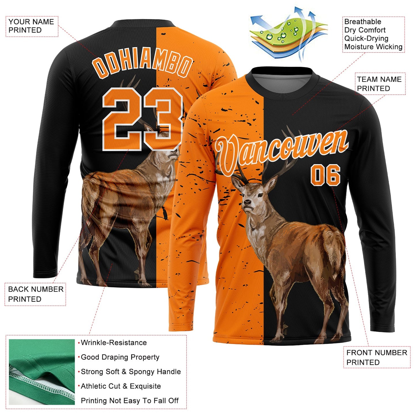 Custom Black Bay Orange-White 3D Animal Deer Hunting Sleeve Performance T-Shirt view 2