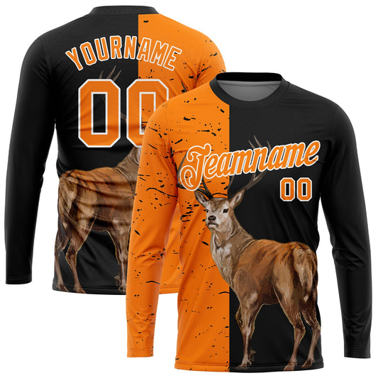 Custom Black Bay Orange-White 3D Animal Deer Hunting Sleeve Performance T-Shirt - Main View