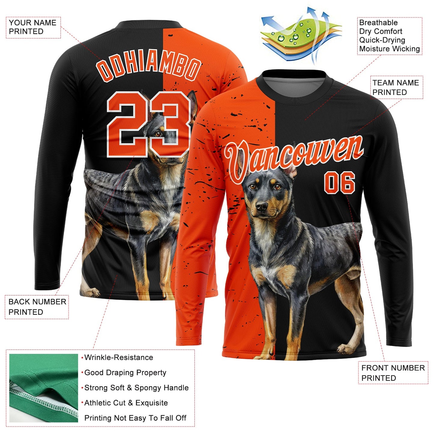 Custom Black Orange-White 3D Animal Rottweiler Dog Hunting Sleeve Performance T-Shirt view 2