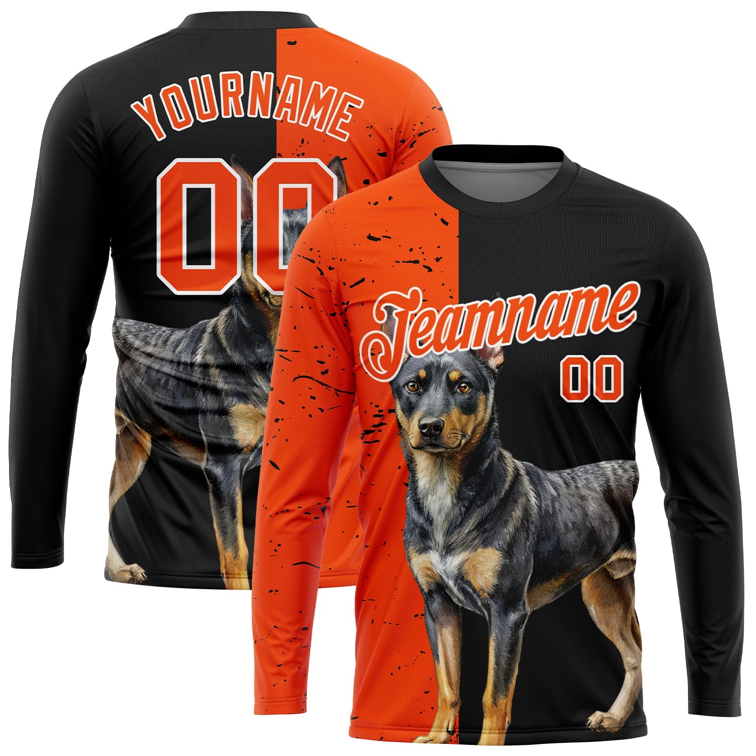 Custom Black Orange-White 3D Animal Rottweiler Dog Hunting Sleeve Performance T-Shirt - Main View