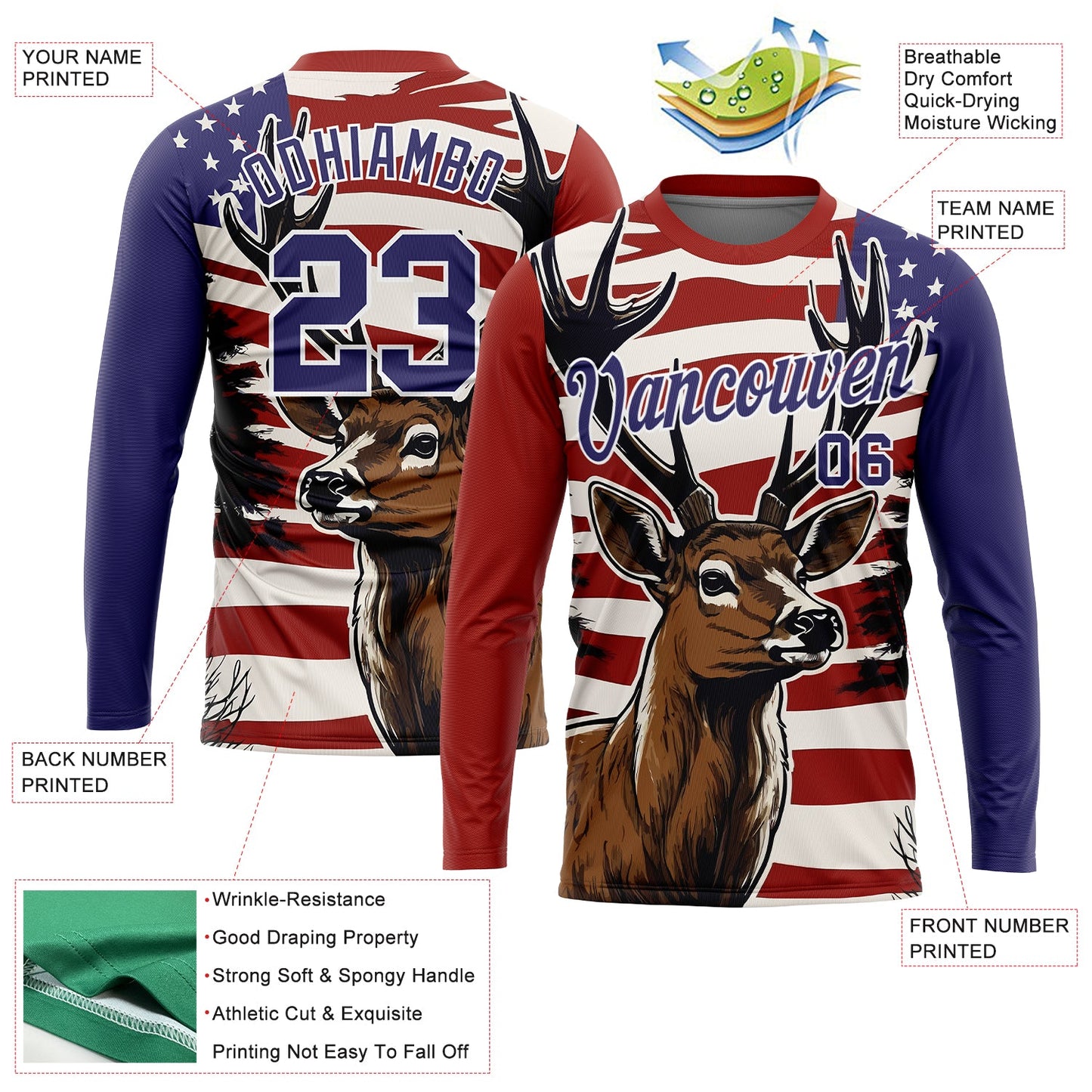 Custom Red Purple-White 3D Animal Deer Hunting American Flag Long Sleeve Performance T-Shirt view 2