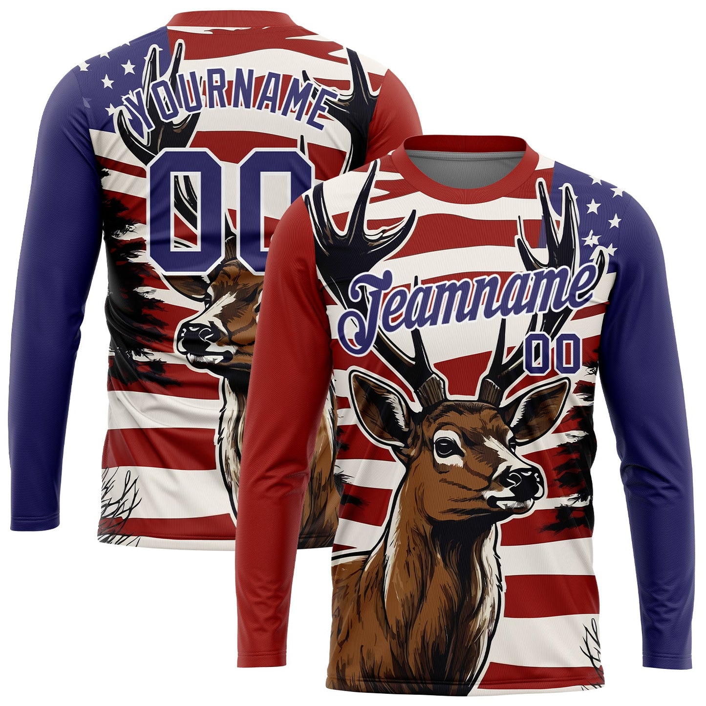 Custom Red Purple-White 3D Animal Deer Hunting American Flag Long Sleeve Performance T-Shirt - Main View