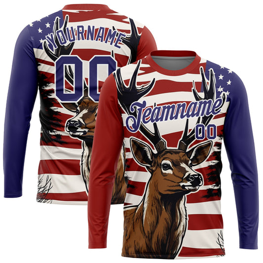 Custom Red Purple-White 3D Animal Deer Hunting American Flag Long Sleeve Performance T-Shirt - Main View