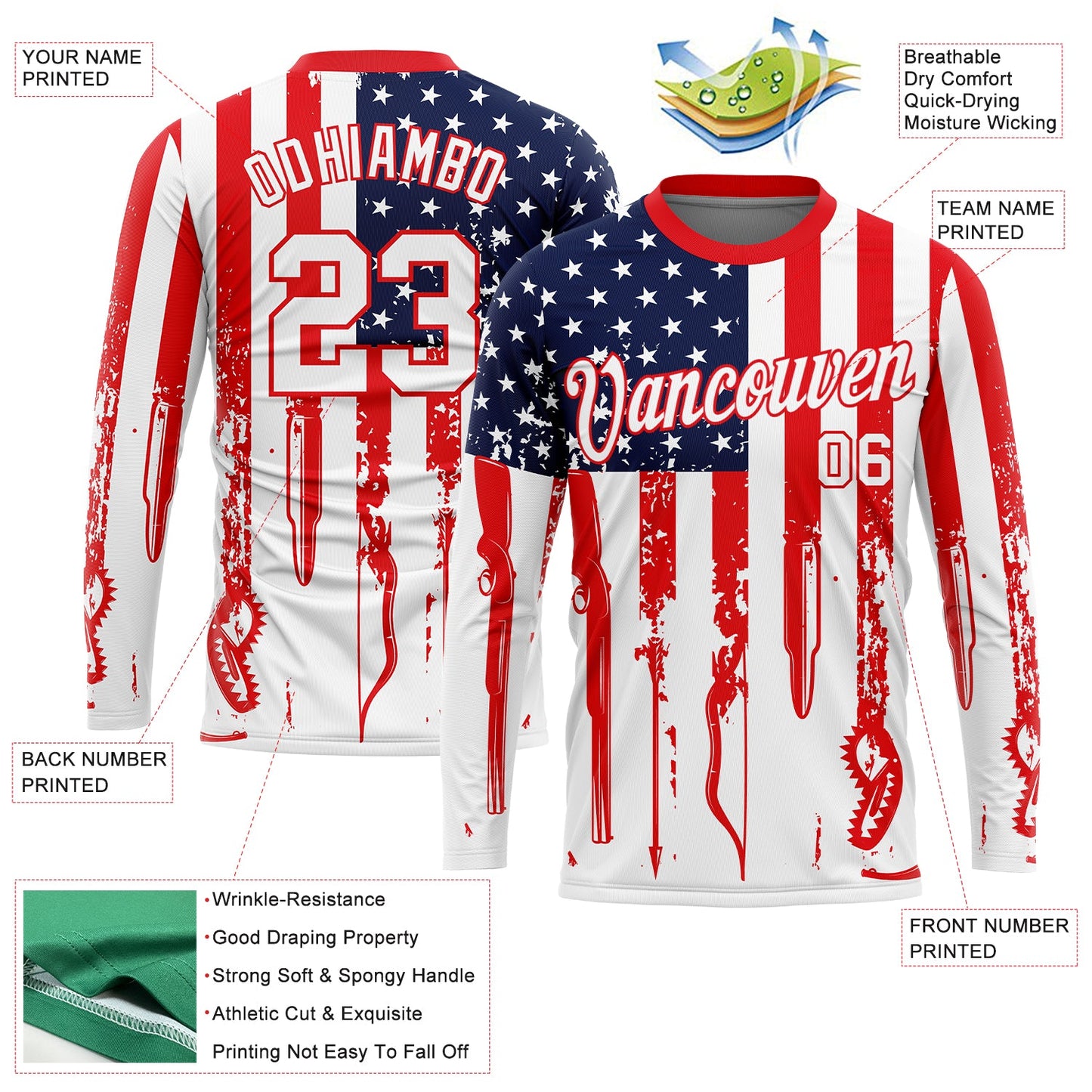 Custom White Fire Red-Royal 3D Hunting Tool American Flag Long Sleeve Performance T-Shirt view 2