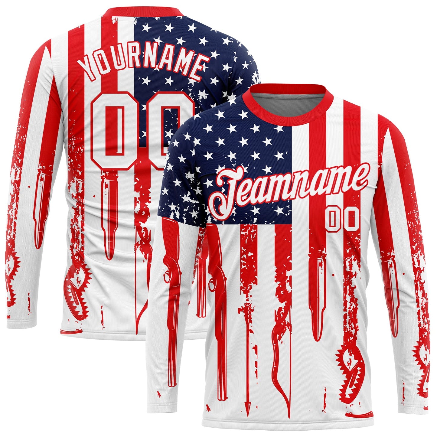 Custom White Fire Red-Royal 3D Hunting Tool American Flag Long Sleeve Performance T-Shirt - Main View