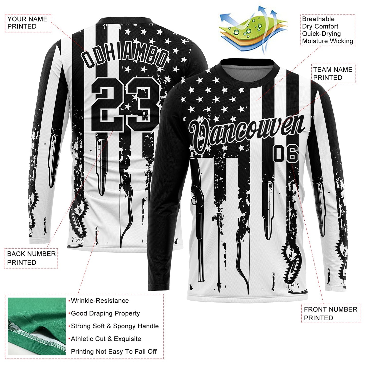 Custom Black White 3D Hunting Tools American Flag Long Sleeve Performance T-Shirt view 2
