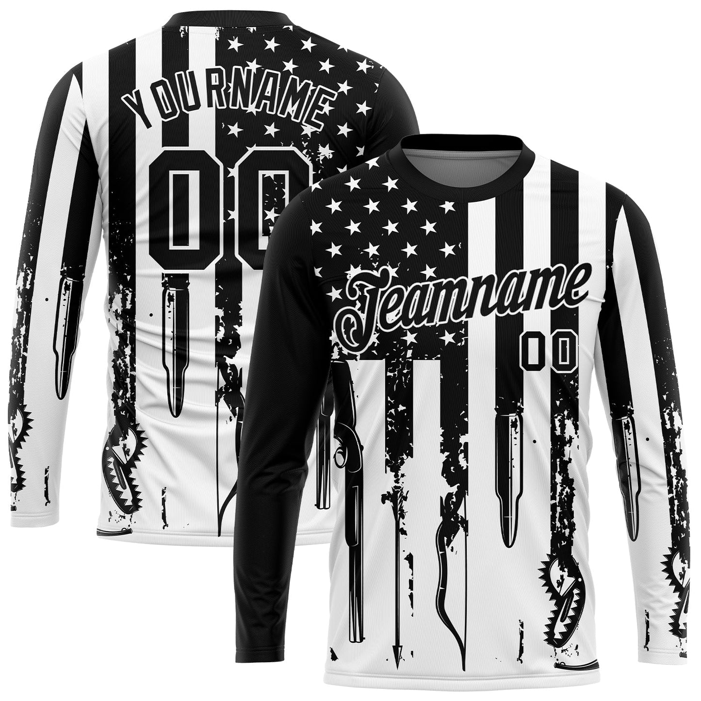 Custom Black White 3D Hunting Tools American Flag Long Sleeve Performance T-Shirt - Main View