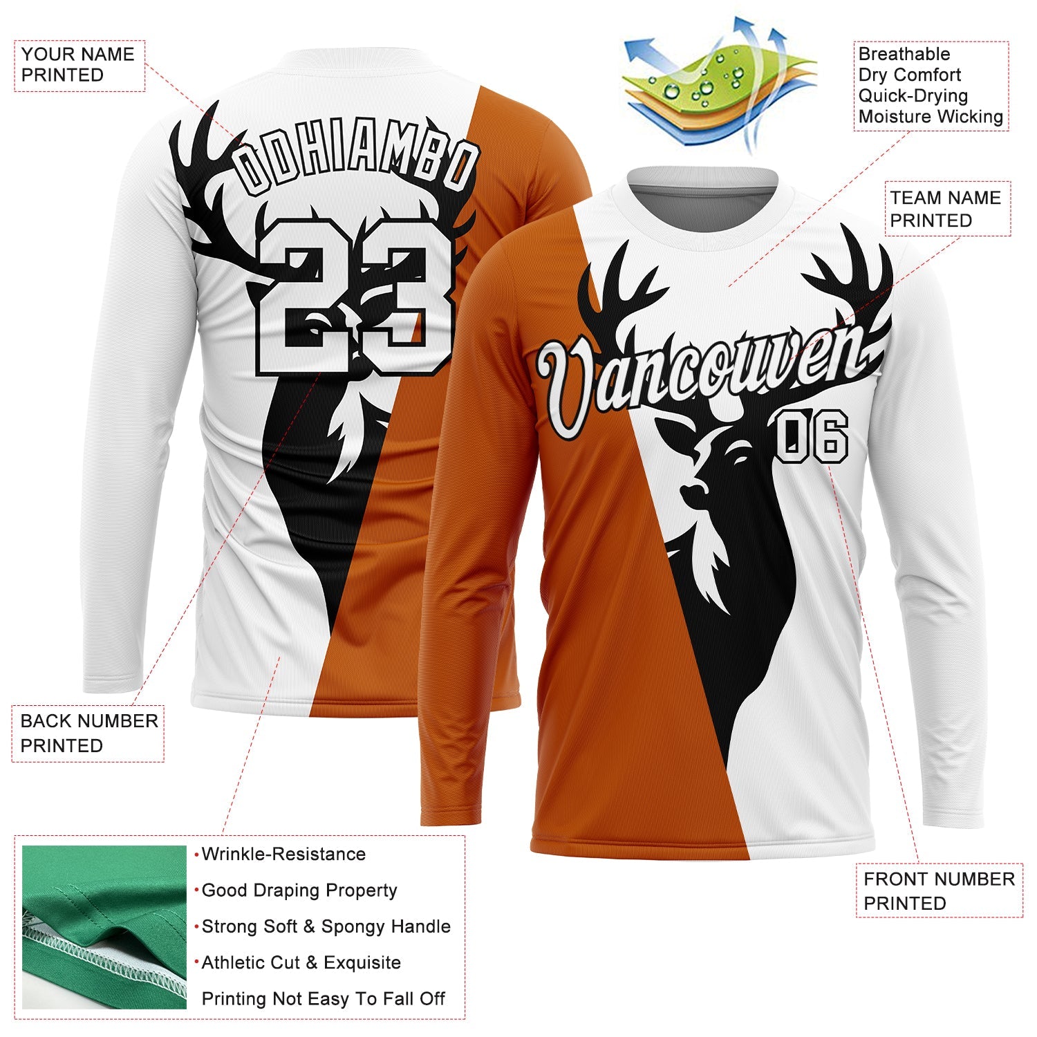 Custom White Texas Orange-Black 3D Animal Deer Hunting Long Sleeve Performance T-Shirt view 2