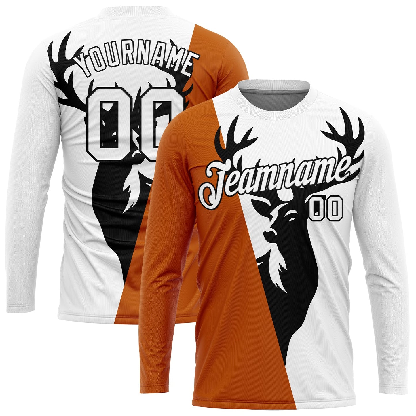 Custom White Texas Orange-Black 3D Animal Deer Hunting Long Sleeve Performance T-Shirt - Main View