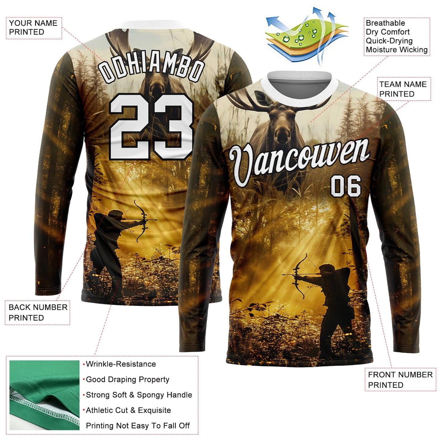 Custom Old Gold White-Black 3D Animal Deer Hunting Tool Arrow Hunter Long Sleeve Performance T-Shirt view 2