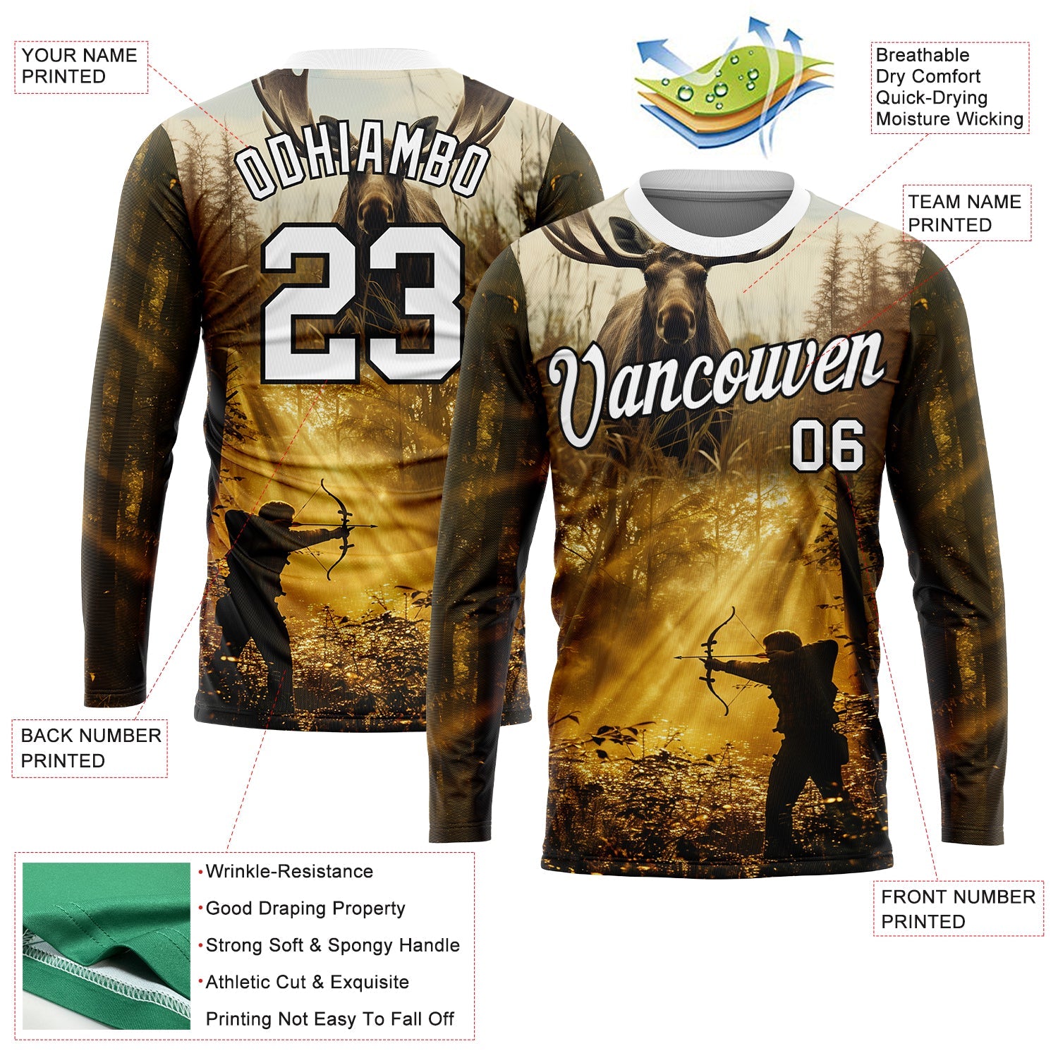 Custom Old Gold White-Black 3D Animal Deer Hunting Tool Arrow Hunter Long Sleeve Performance T-Shirt view 2