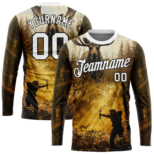 Custom Old Gold White-Black 3D Animal Deer Hunting Tool Arrow Hunter Long Sleeve Performance T-Shirt - Main View