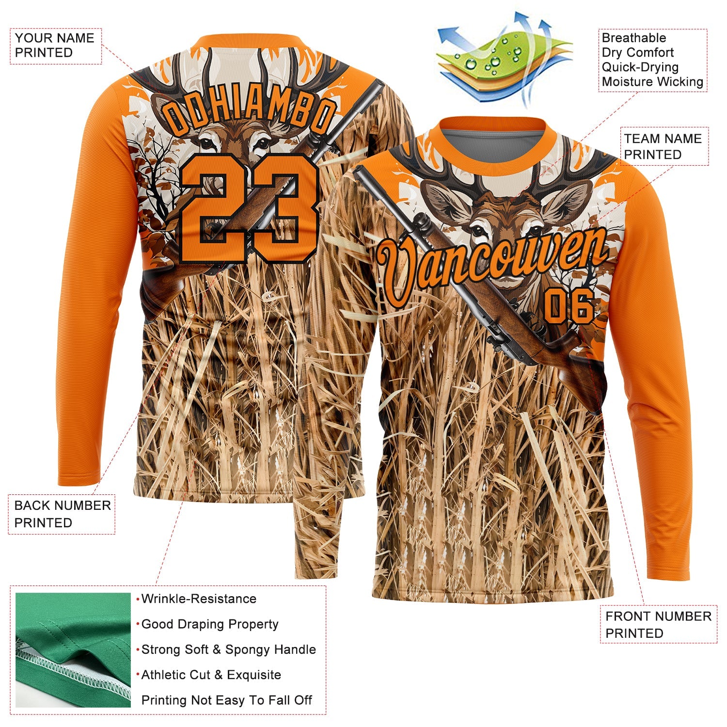 Custom Bay Orange Black 3D Animal Deer Hunting Tool Gun Long Sleeve Performance T-Shirt view 2