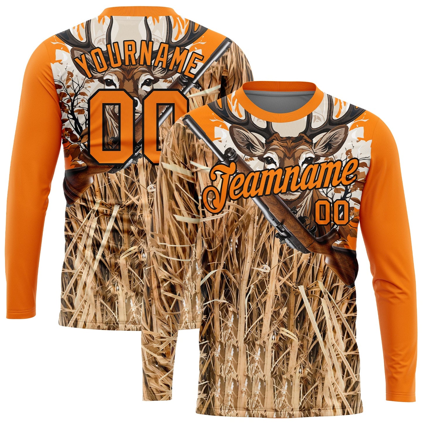Custom Bay Orange Black 3D Animal Deer Hunting Tool Gun Long Sleeve Performance T-Shirt - Main View