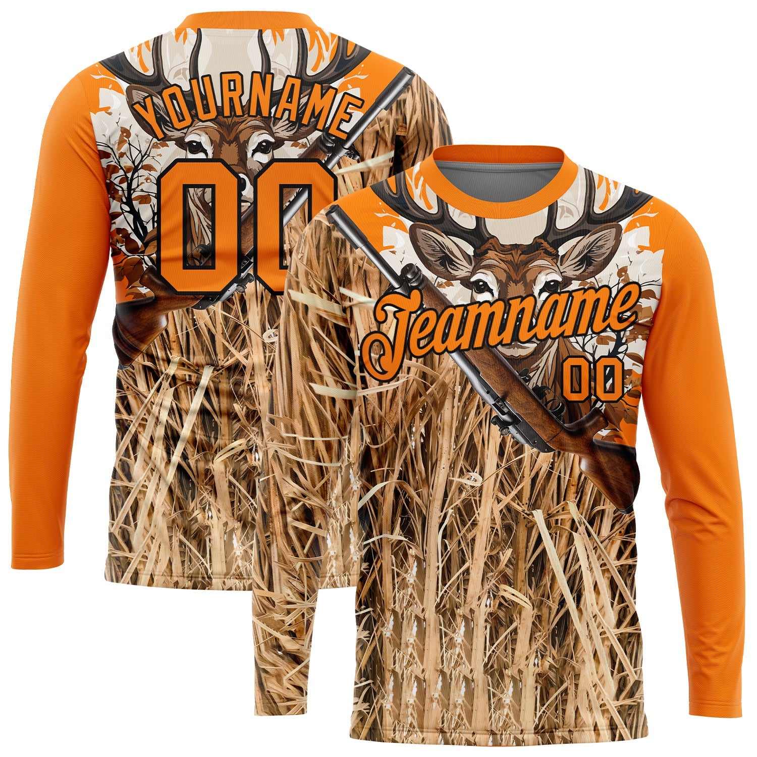 Custom Bay Orange Black 3D Animal Deer Hunting Tool Gun Long Sleeve Performance T-Shirt - Main View