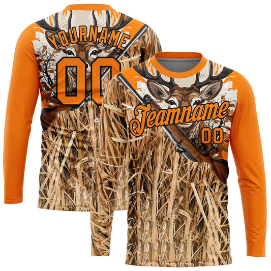 Custom Bay Orange Black 3D Animal Deer Hunting Tool Gun Long Sleeve Performance T-Shirt - Main View