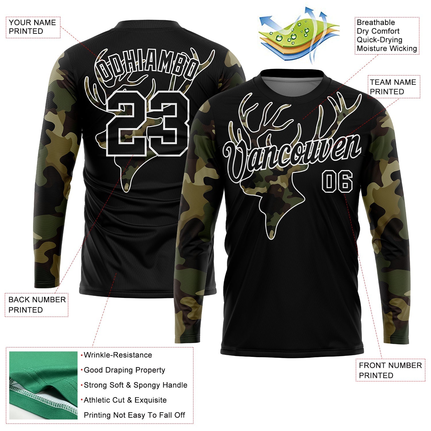 Custom Black Camo-White 3D Animal Deer Hunting Long Sleeve Performance T-Shirt view 2