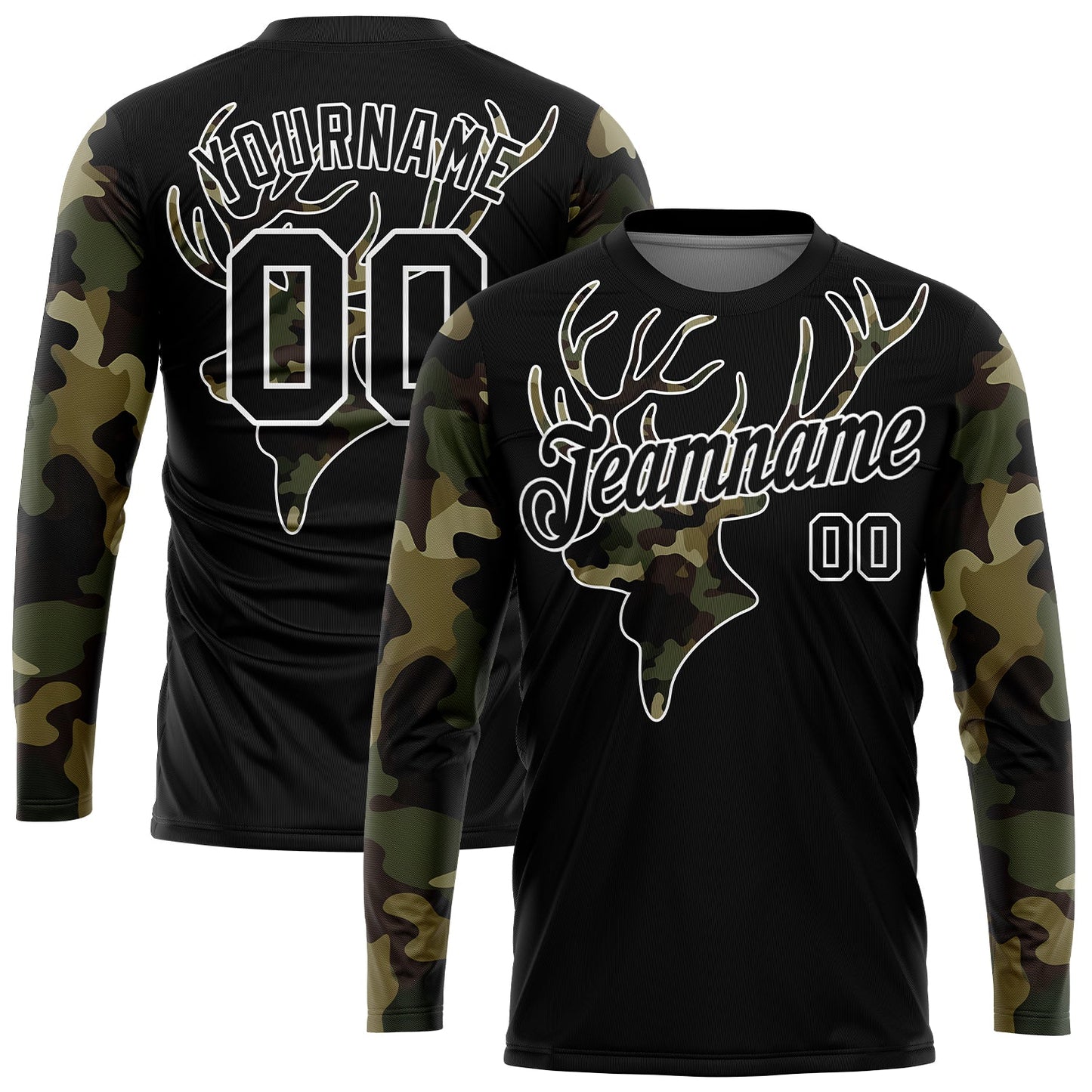 Custom Black Camo-White 3D Animal Deer Hunting Long Sleeve Performance T-Shirt - Main View
