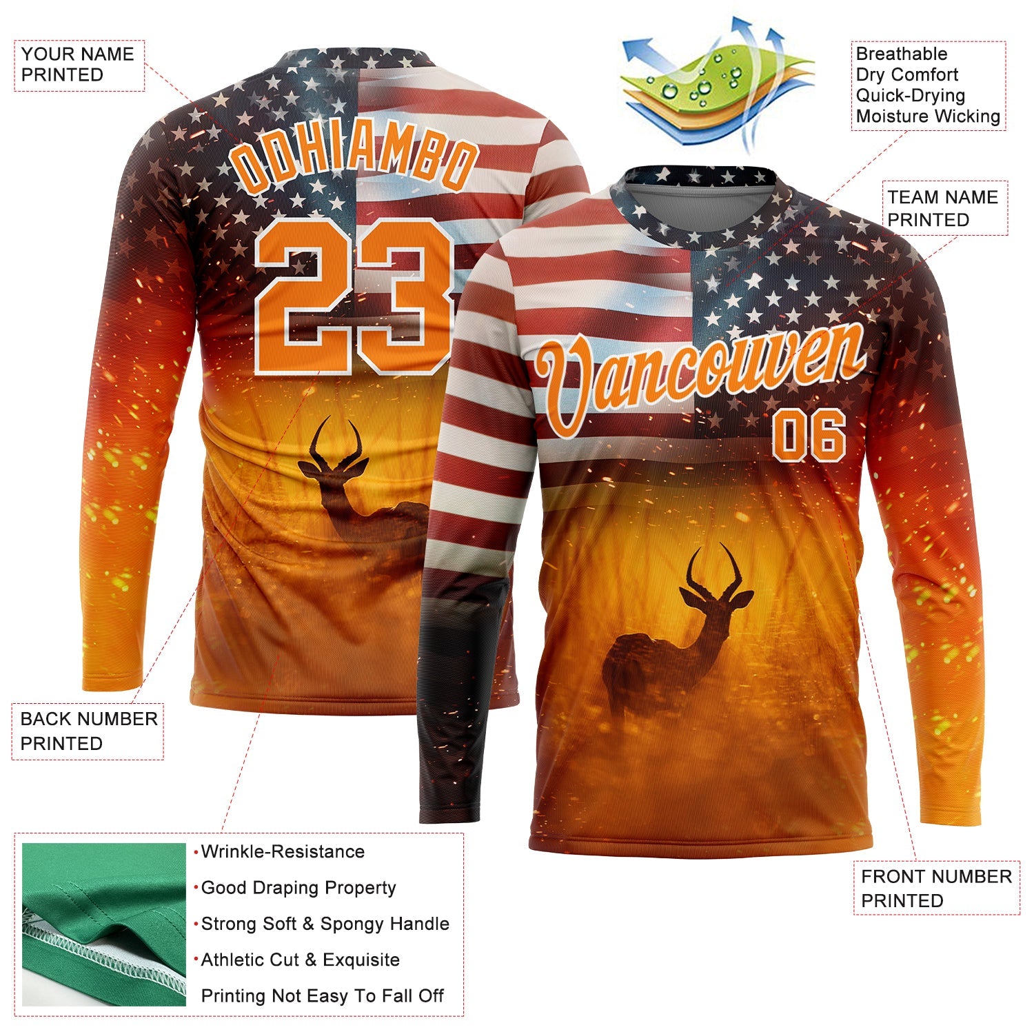 Custom Bay Orange White 3D Animal Deer Hunting American Flag Long Sleeve Performance T-Shirt view 2