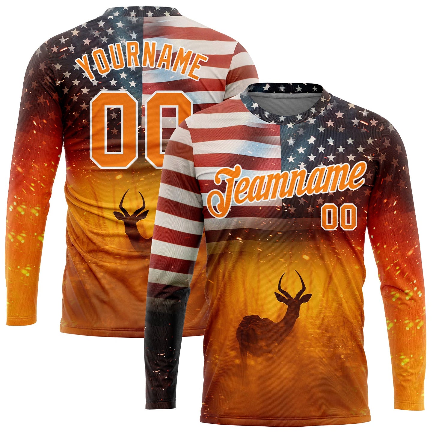 Custom Bay Orange White 3D Animal Deer Hunting American Flag Long Sleeve Performance T-Shirt - Main View
