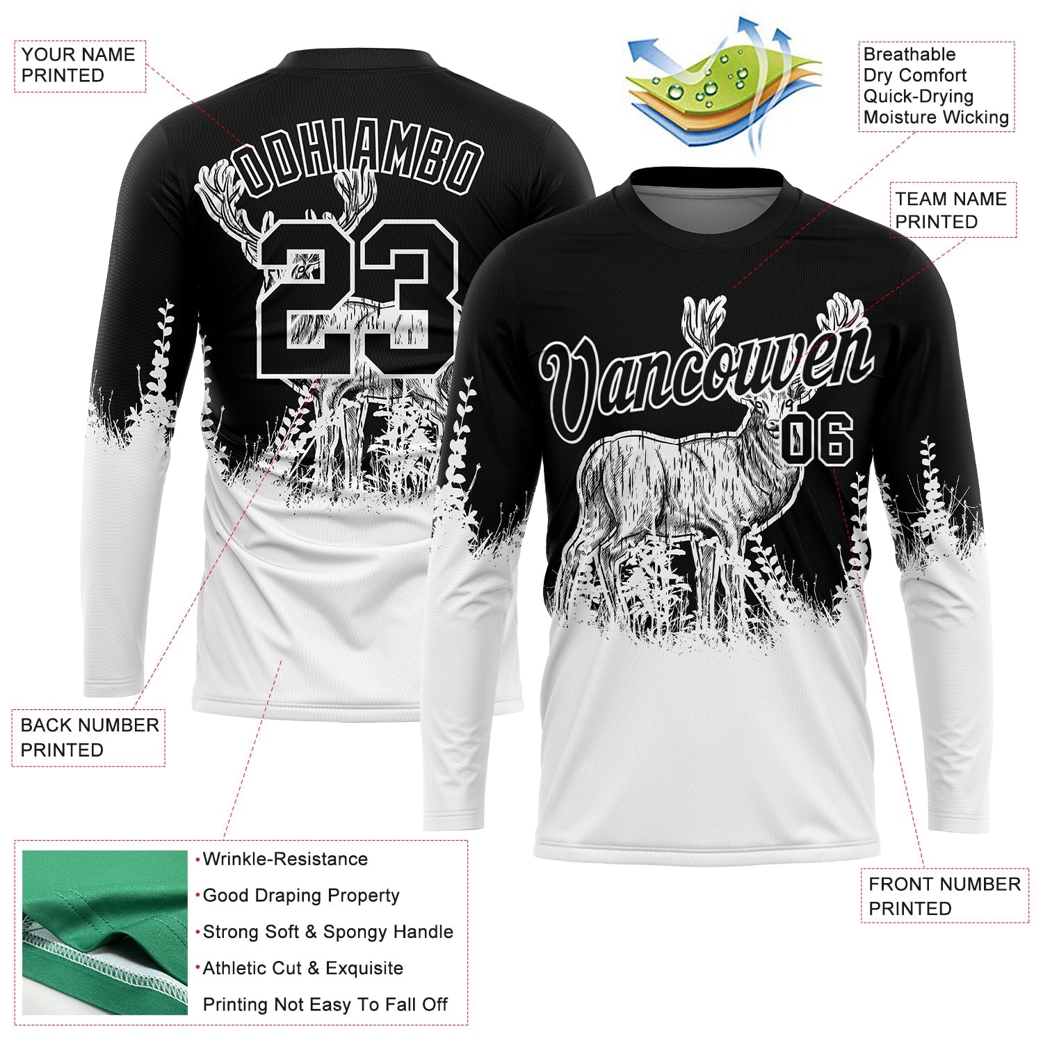 Custom Black White 3D Animal Deer Hunting Long Sleeve Performance T-Shirt view 2