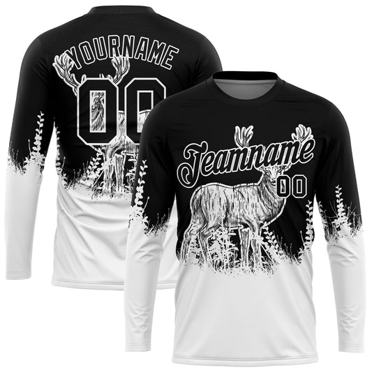Custom Black White 3D Animal Deer Hunting Long Sleeve Performance T-Shirt - Main View