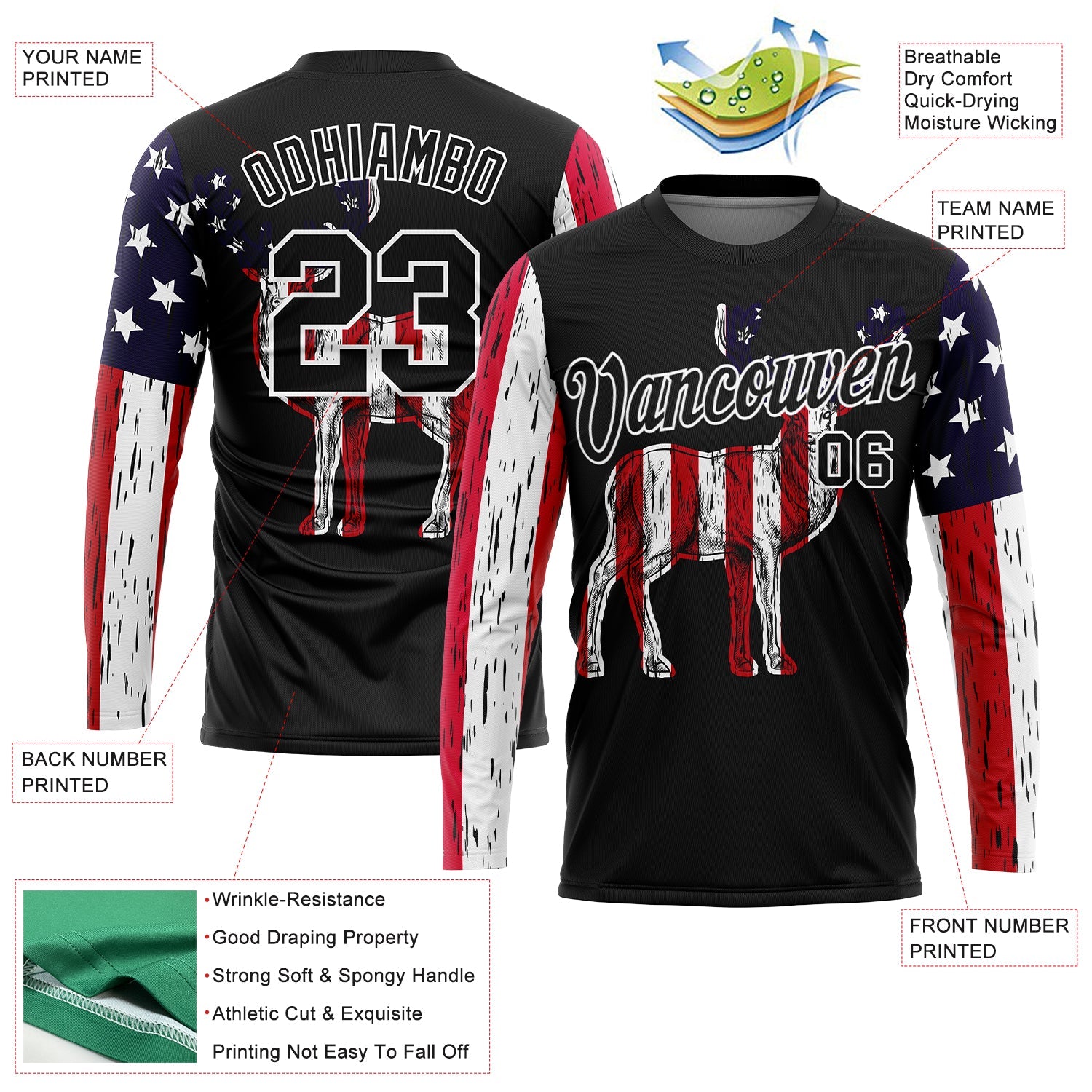 Custom Black White 3D Animal Deer Hunting American Flag Long Sleeve Performance T-Shirt view 2