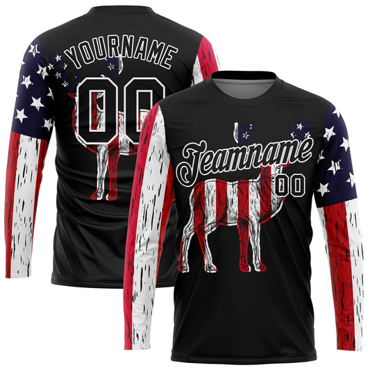 Custom Black White 3D Animal Deer Hunting American Flag Long Sleeve Performance T-Shirt - Main View