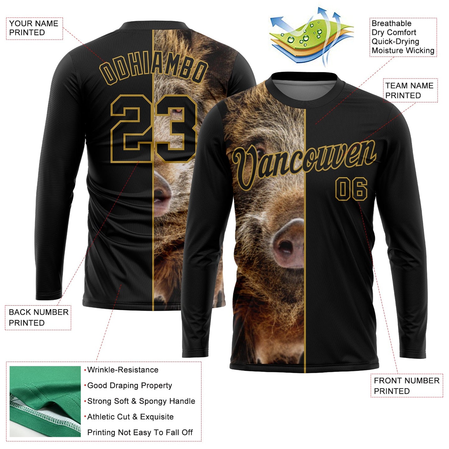 Custom Black Old Gold 3D Animal Boar Hunting Long Sleeve Performance T-Shirt view 2