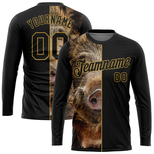 Custom Black Old Gold 3D Animal Boar Hunting Long Sleeve Performance T-Shirt - Main View