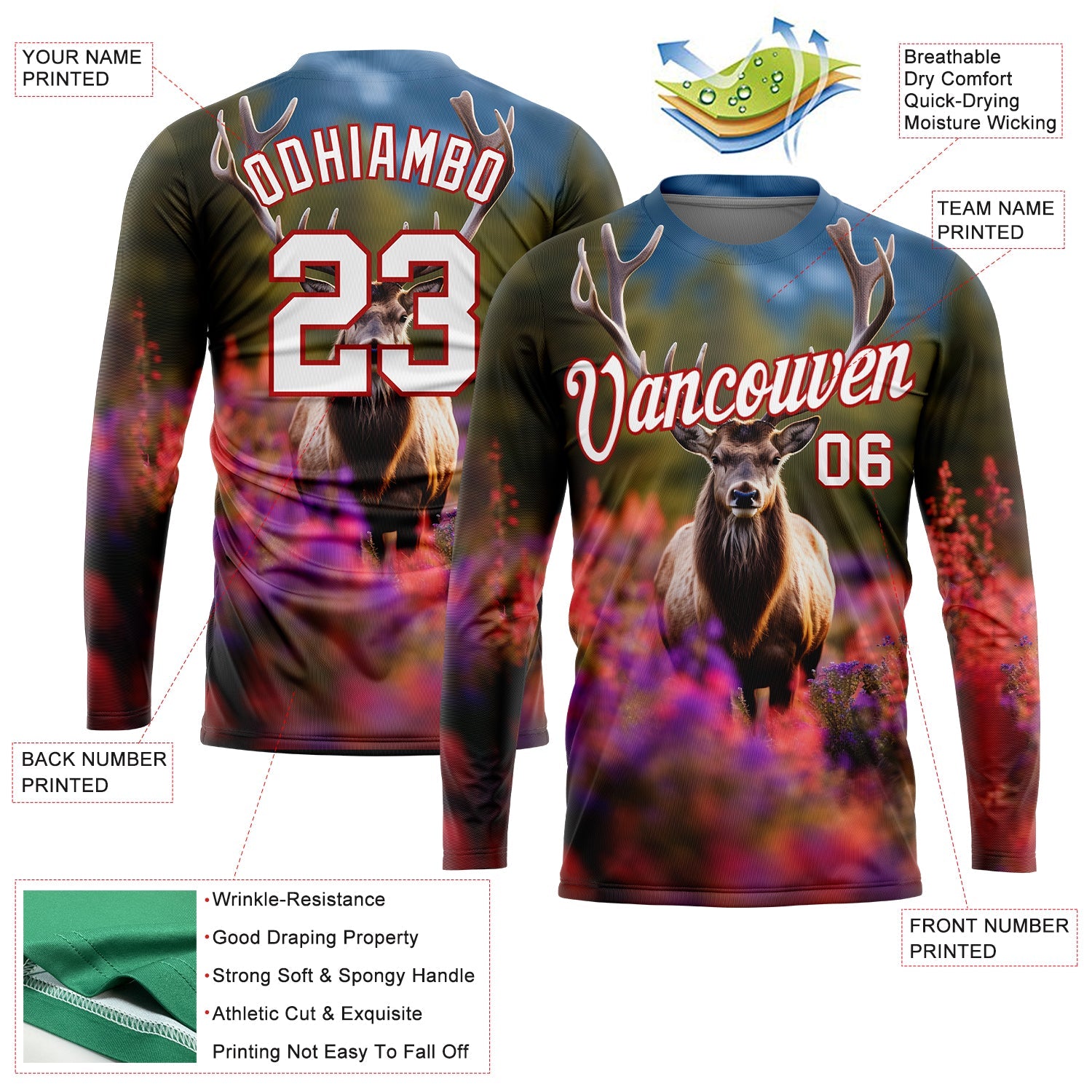 Custom Olive White-Red 3D Animal Deer Hunting Long Sleeve Performance T-Shirt view 2