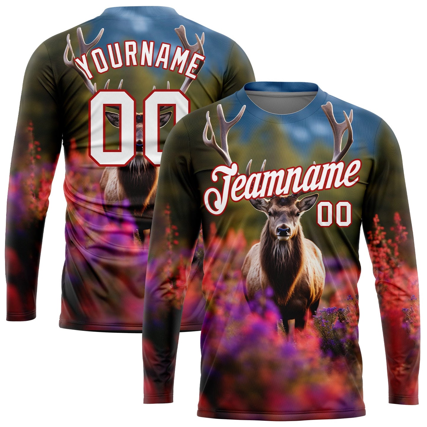 Custom Olive White-Red 3D Animal Deer Hunting Long Sleeve Performance T-Shirt - Main View