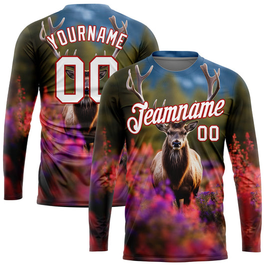Custom Olive White-Red 3D Animal Deer Hunting Long Sleeve Performance T-Shirt - Main View
