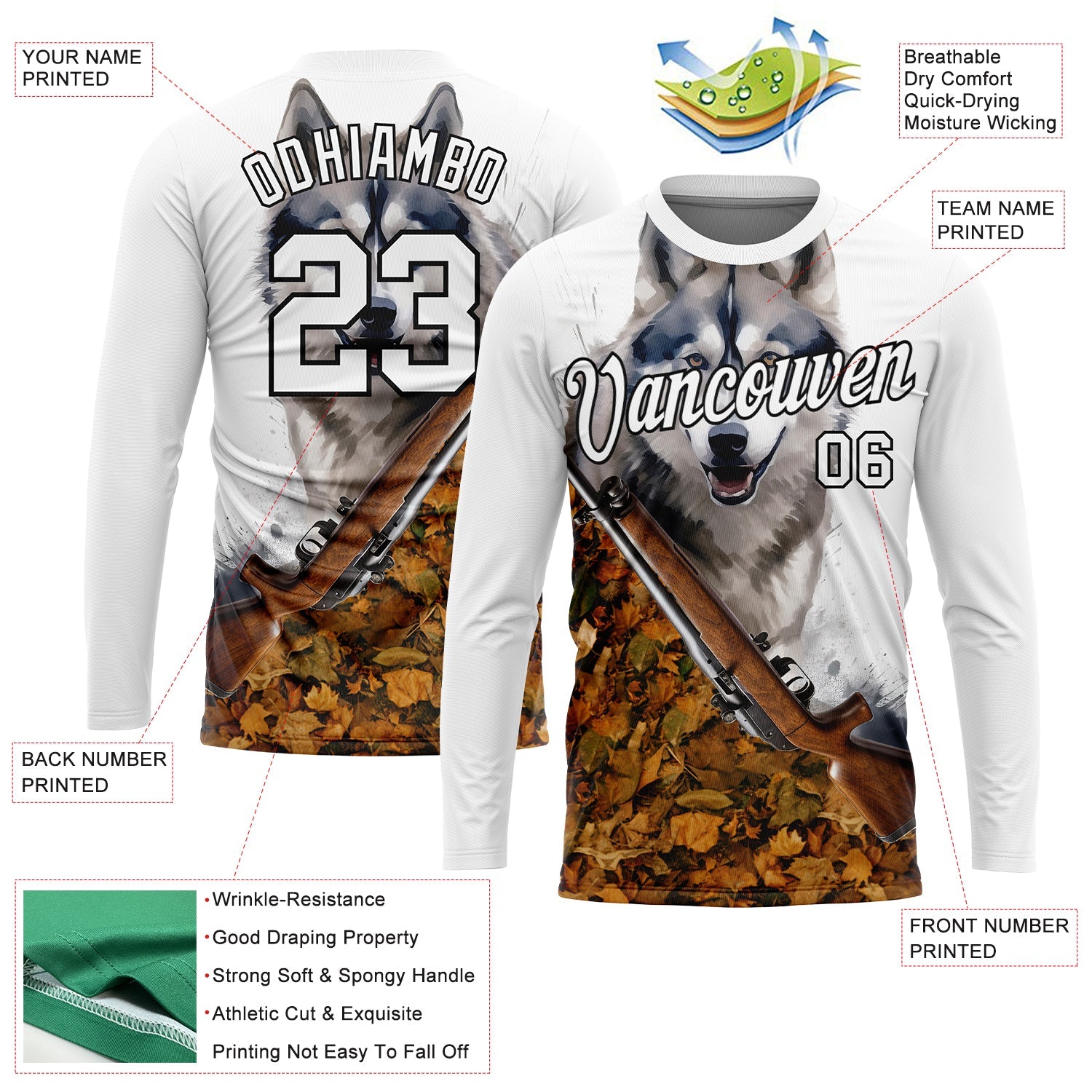 Custom White Black 3D Animal Wolf Hunting Tool Gun Long Sleeve Performance T-Shirt view 2