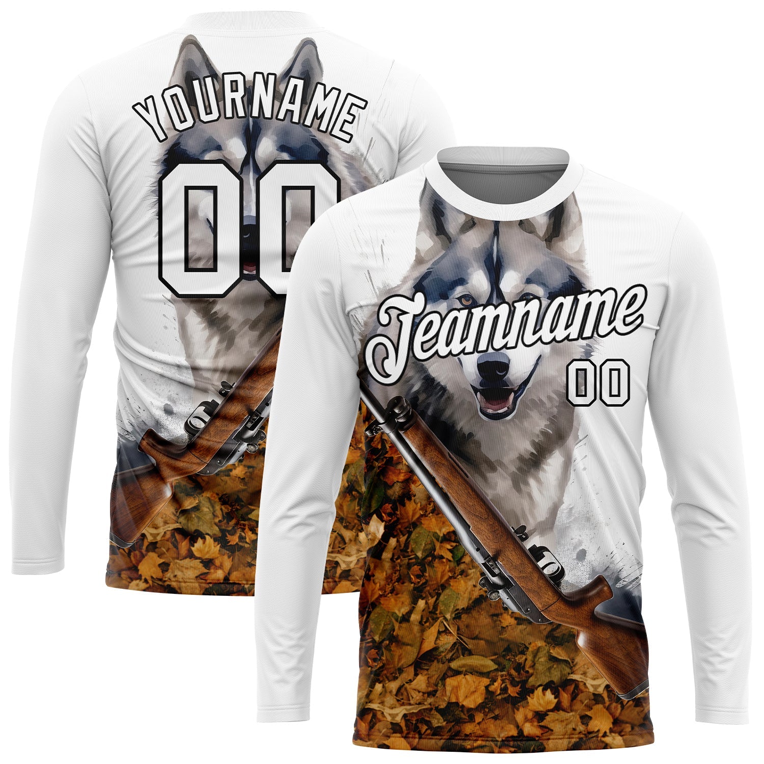 Custom White Black 3D Animal Wolf Hunting Tool Gun Long Sleeve Performance T-Shirt - Main View