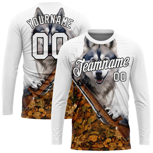 Custom White Black 3D Animal Wolf Hunting Tool Gun Long Sleeve Performance T-Shirt - Main View