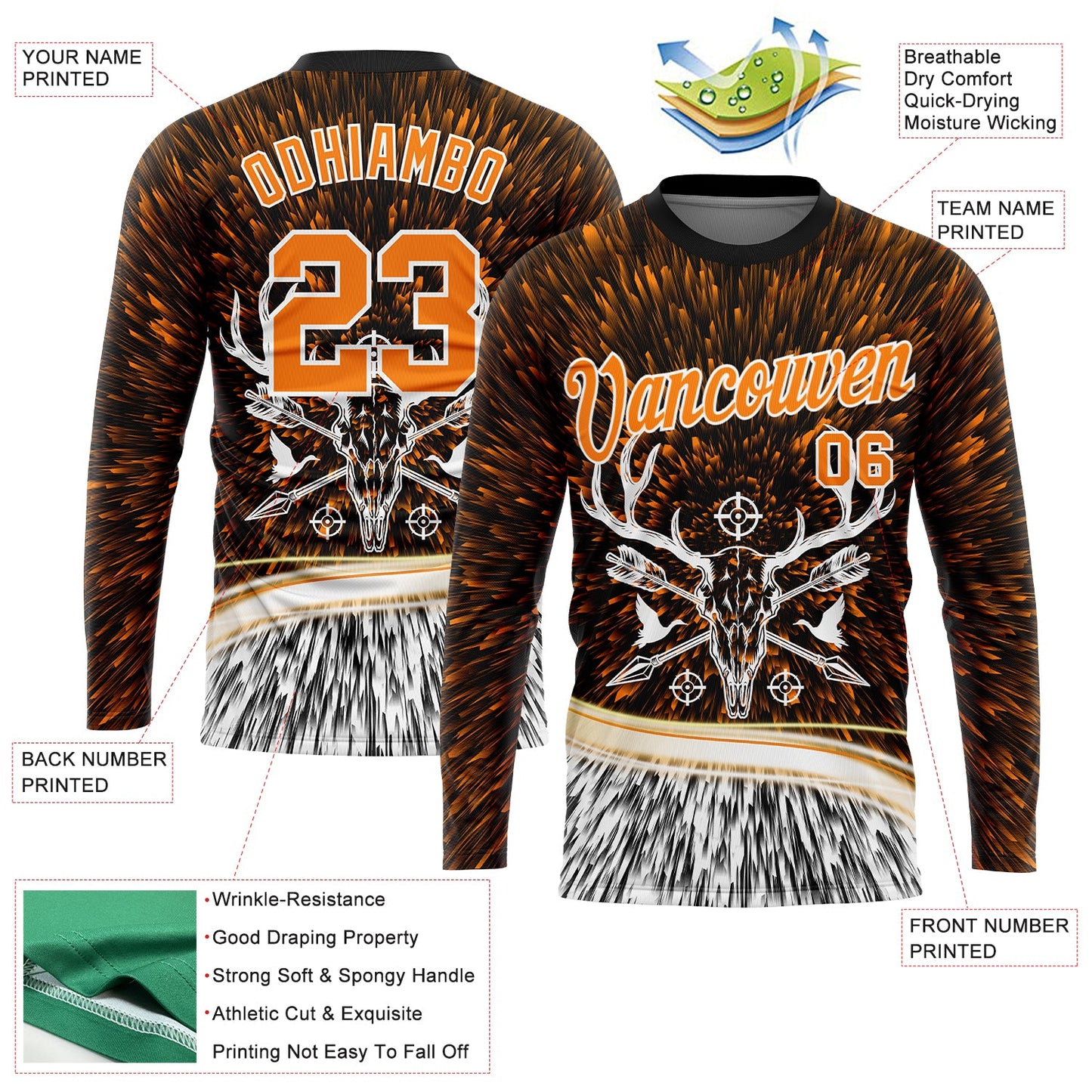 Custom Black Bay Orange-White 3D Animal Deer Hunting Tool Arrow Long Sleeve Performance T-Shirt view 2