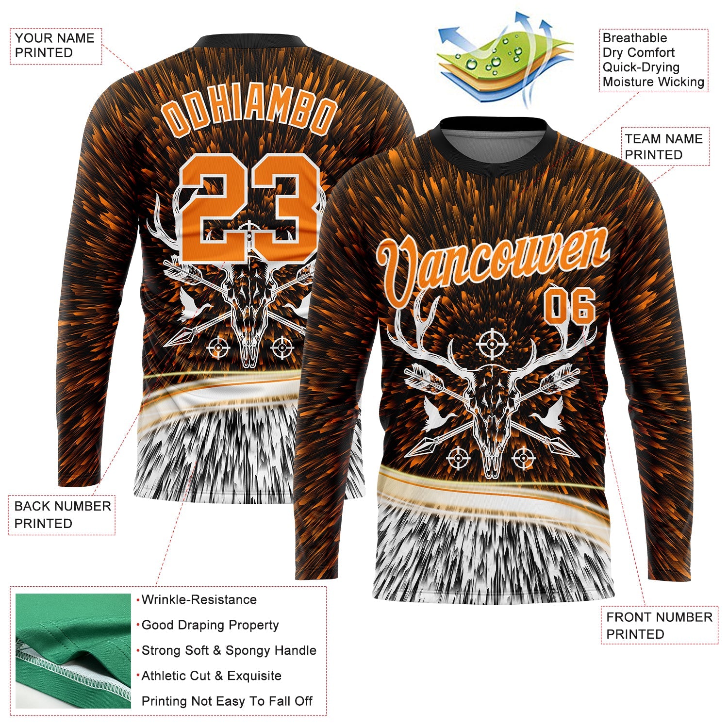 Custom Black Bay Orange-White 3D Animal Deer Hunting Tool Arrow Long Sleeve Performance T-Shirt view 2