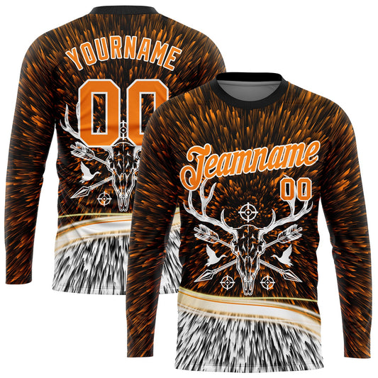 Custom Black Bay Orange-White 3D Animal Deer Hunting Tool Arrow Long Sleeve Performance T-Shirt - Main View