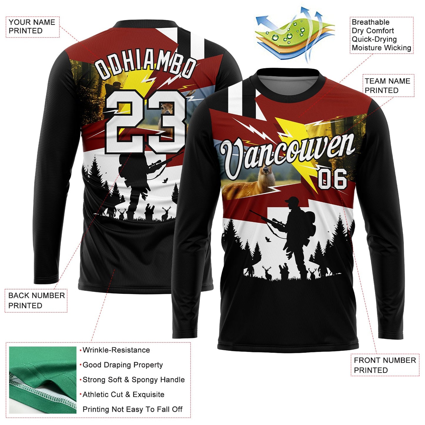 Custom Black White 3D Animal Deer Hunting Tool Gun Hunter Long Sleeve Performance T-Shirt view 2