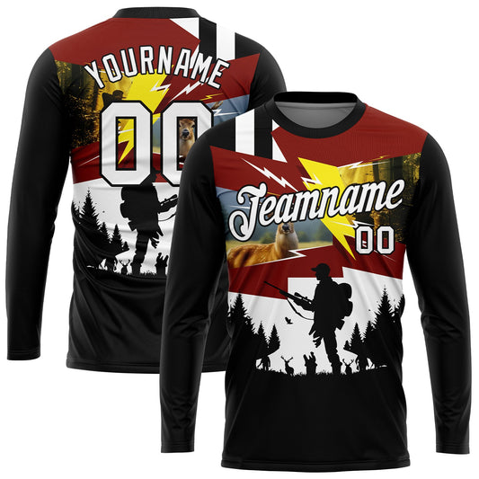 Custom Black White 3D Animal Deer Hunting Tool Gun Hunter Long Sleeve Performance T-Shirt - Main View
