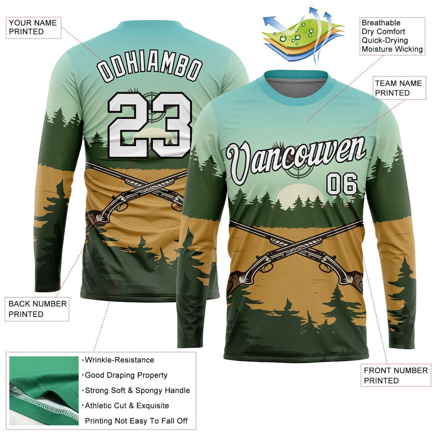Custom Ice Blue White-Black 3D Hunting Tool Gun Long Sleeve Performance T-Shirt view 2