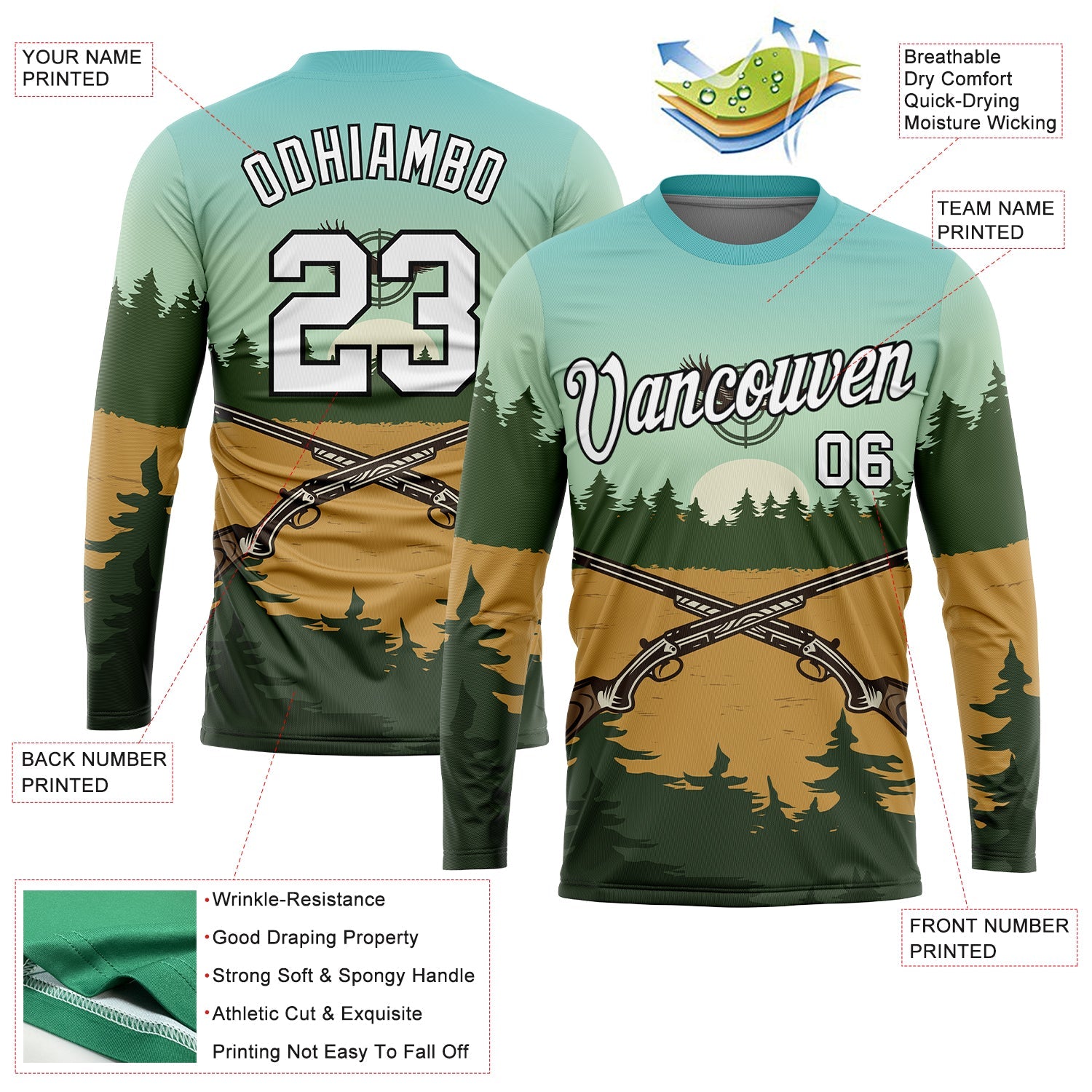 Custom Ice Blue White-Black 3D Hunting Tool Gun Long Sleeve Performance T-Shirt view 2
