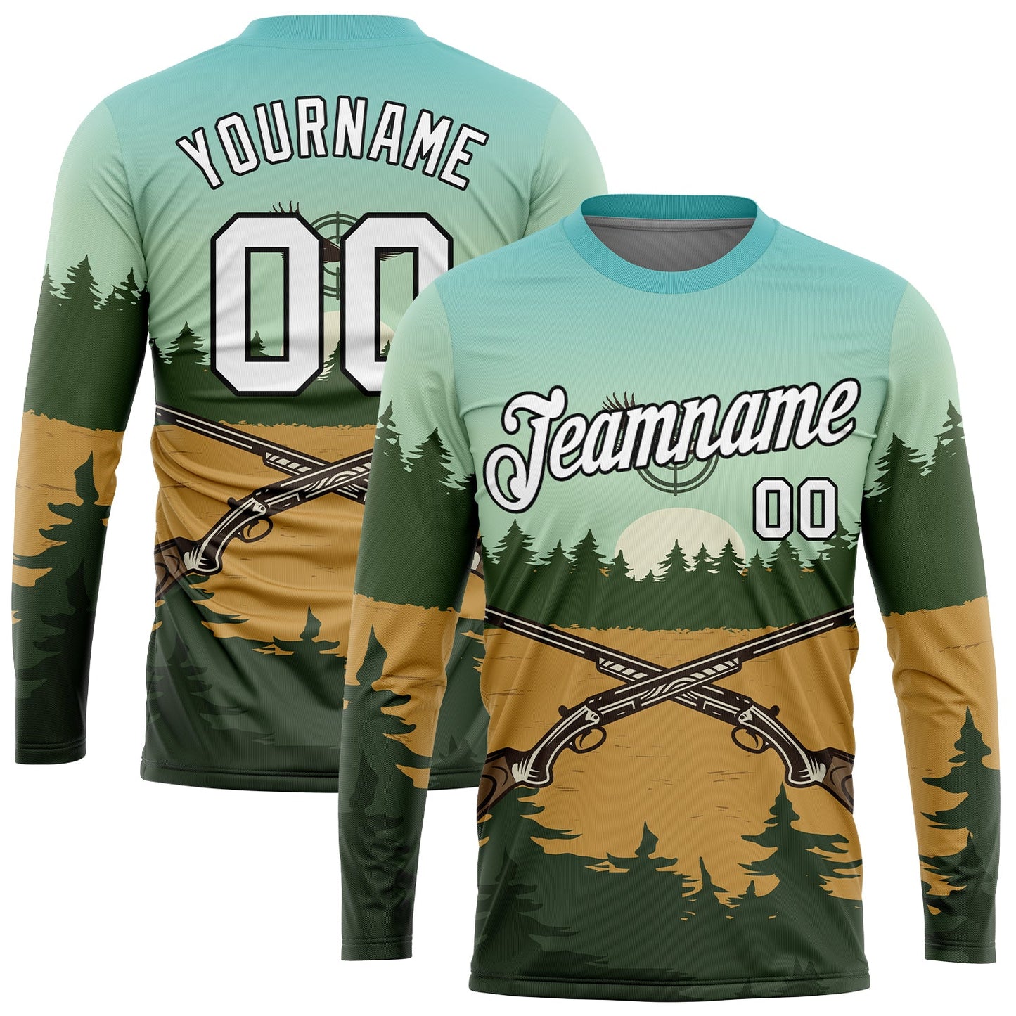 Custom Ice Blue White-Black 3D Hunting Tool Gun Long Sleeve Performance T-Shirt - Main View