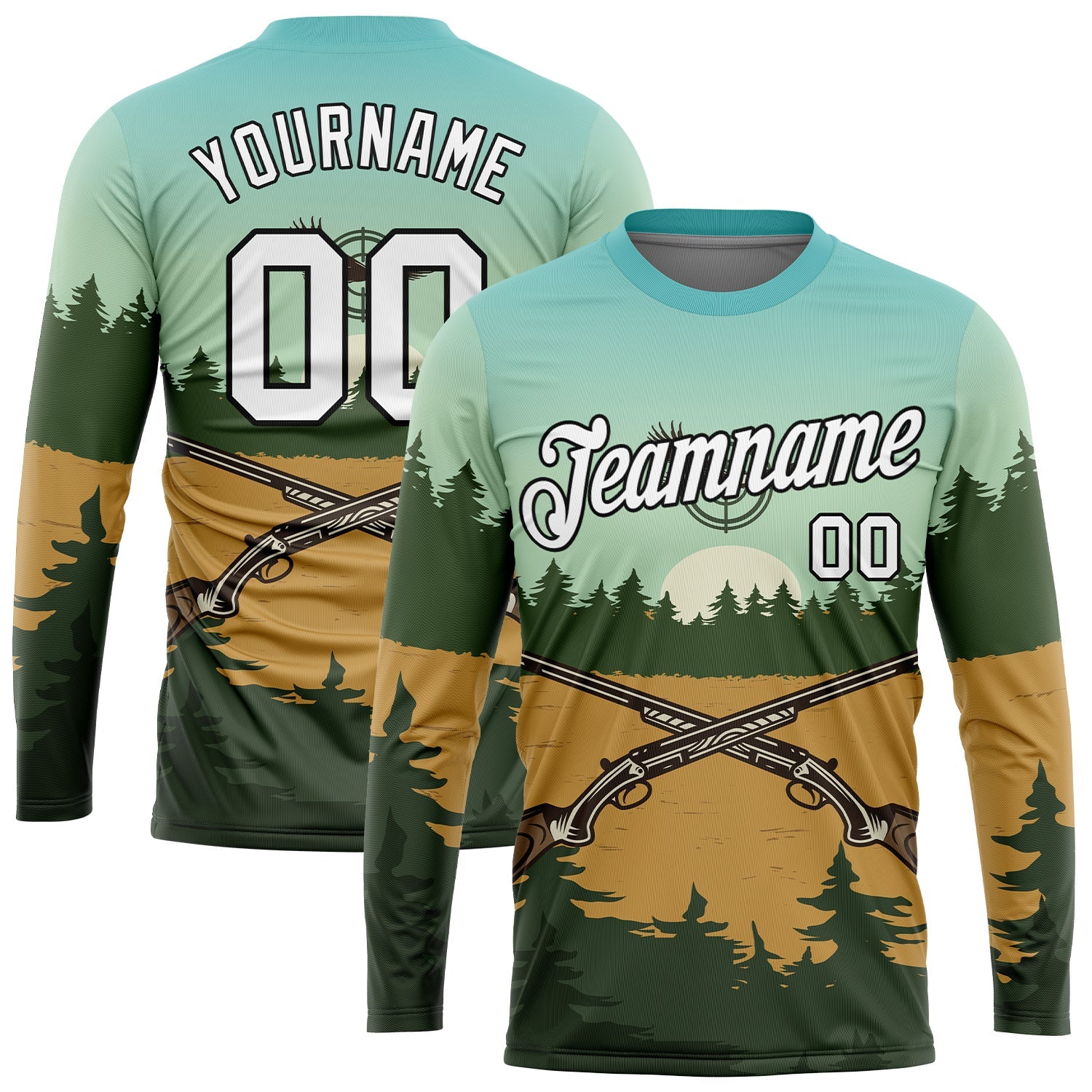 Custom Ice Blue White-Black 3D Hunting Tool Gun Long Sleeve Performance T-Shirt - Main View