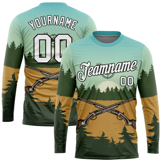 Custom Ice Blue White-Black 3D Hunting Tool Gun Long Sleeve Performance T-Shirt - Main View