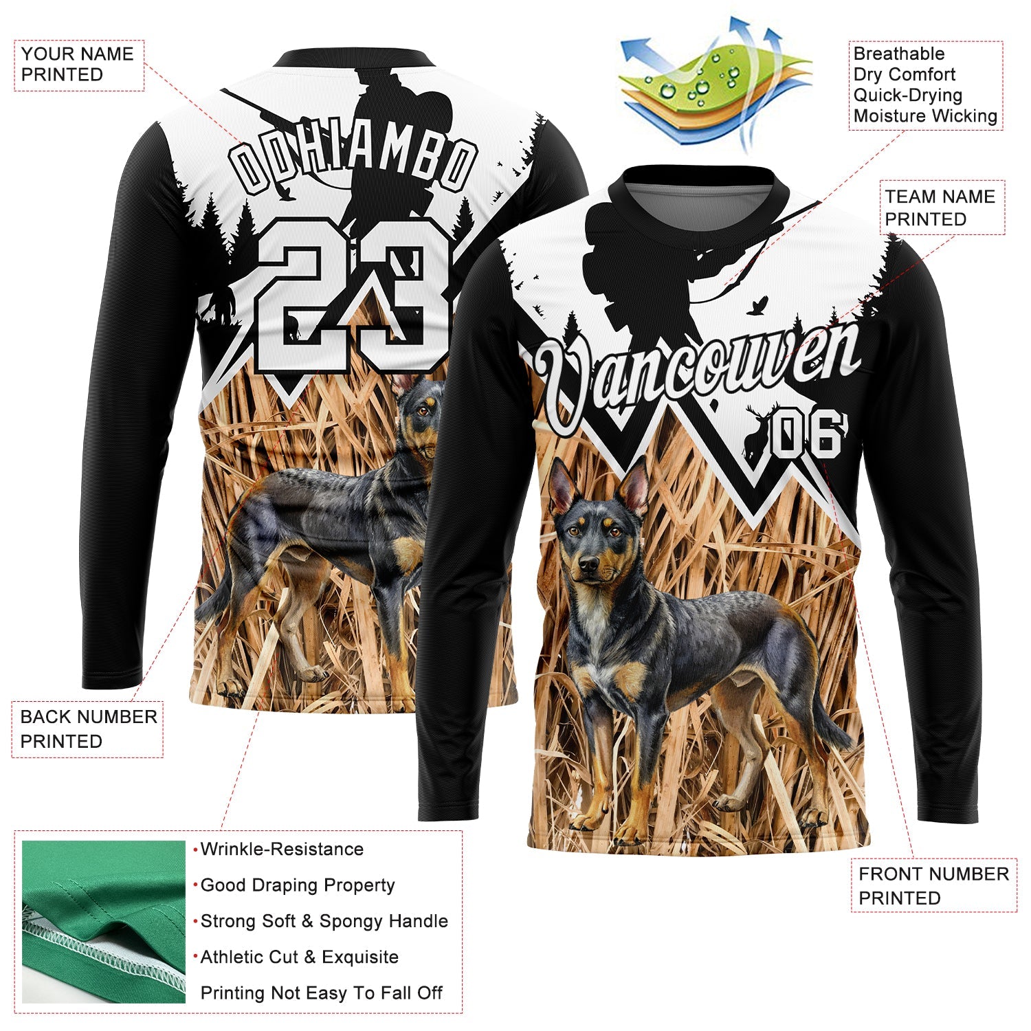 Custom Black White 3D Animal Rottweiler Dog Hunting Tool Gun Hunter Long Sleeve Performance T-Shirt view 2