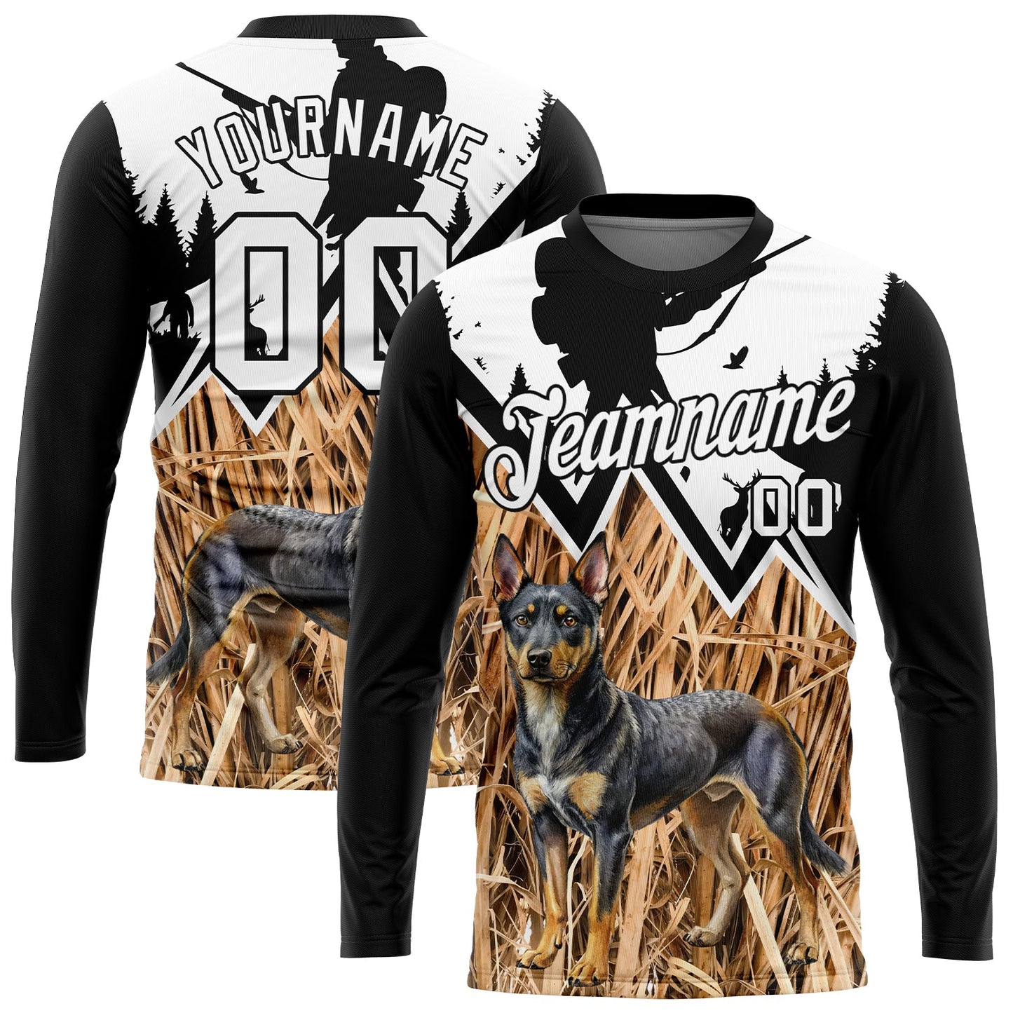 Custom Black White 3D Animal Rottweiler Dog Hunting Tool Gun Hunter Long Sleeve Performance T-Shirt - Main View