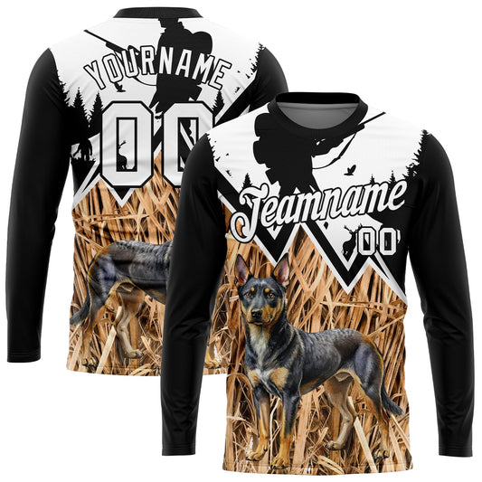 Custom Black White 3D Animal Rottweiler Dog Hunting Tool Gun Hunter Long Sleeve Performance T-Shirt - Main View